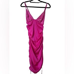 Satin Ruched Rhinestone Accent Ruched Mini Dress Hot Pink Size M